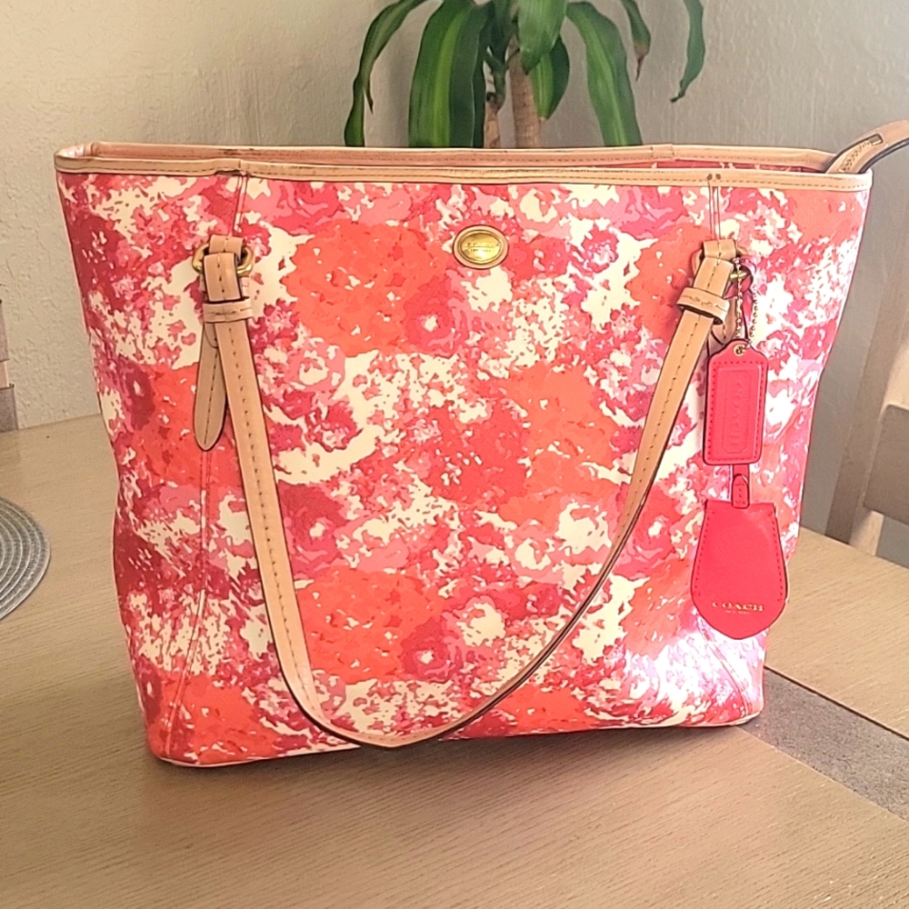 COACH pink/red floral tote bag